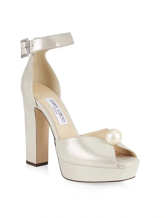 Jimmy Choo Socorie 120MM Shimmer Peep-Toe Platforms with Pearl Accent - Picture 5 of 5